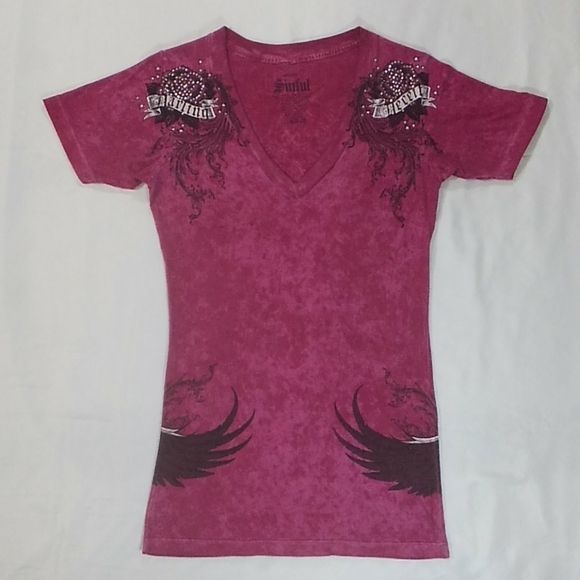 Sinful Tops - Sinful Embellished SS V Neck Long Tee Heart Wings